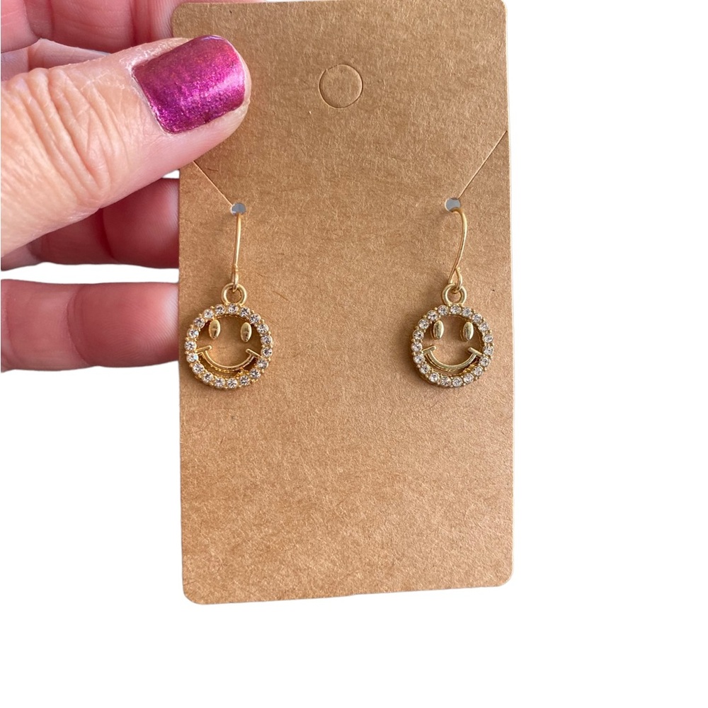 Smiley Face Gold and Rhinestone Drop Earrings